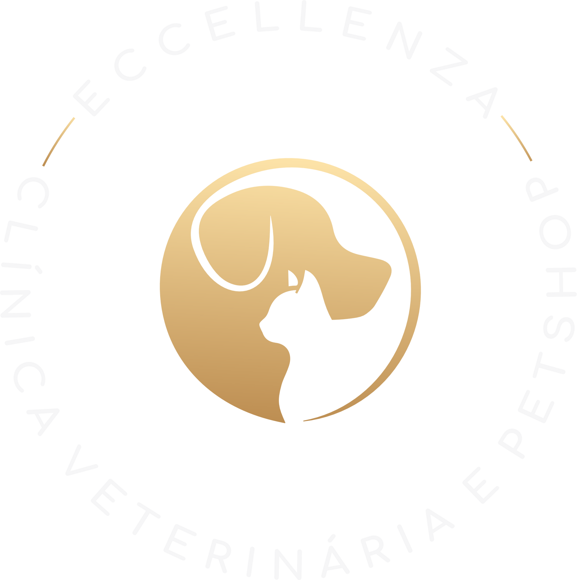 Um logotipo em tons dourados apresentando a silhueta estilizada de um cachorro e um gato dentro de um círculo, com o texto 
