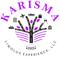 Logo for Karisma Limolux Experience, LLC, with a tree design and various travel icons in purple and black.
