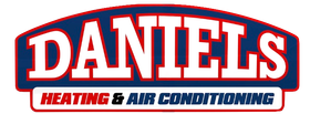 Logo for Daniels Heating & Air Conditioning. Features white text on blue and red arched background.