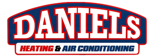 Logo for Daniels Heating & Air Conditioning. Features white text on blue and red arched background.