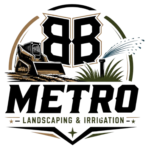 88 Metro Landscaping & Irrigation logo with bulldozer and grass on white background