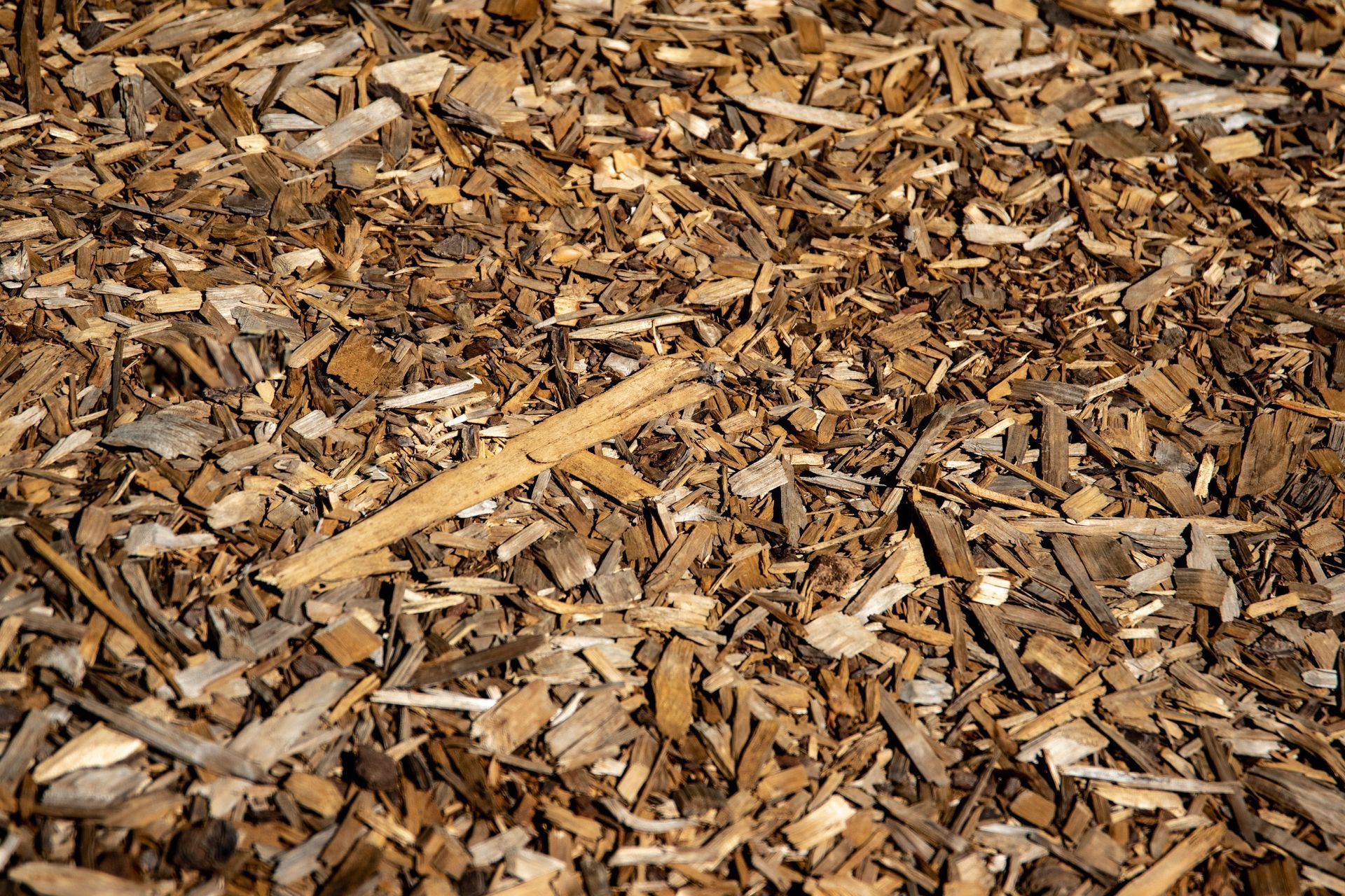 Pile of brown wood chips and mulch covering the ground