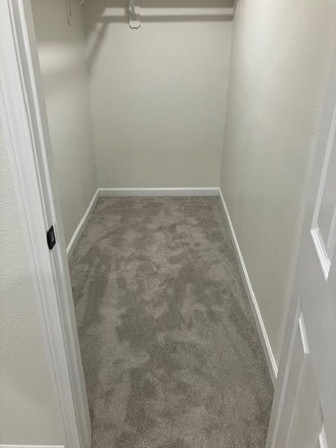 Narrow carpeted hallway or closet with white walls and beige trim, viewed from the doorway