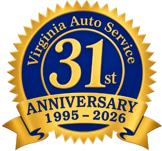 Gold and blue 31st anniversary badge for Virginia Auto Service, 1995–2026