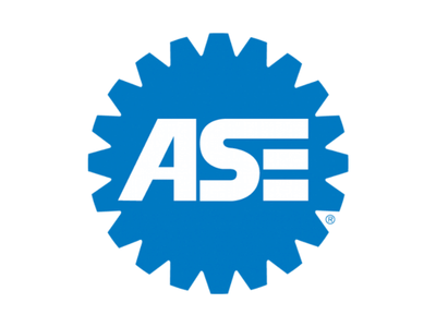 Blue ASE logo inside a gear-shaped circle on a white background