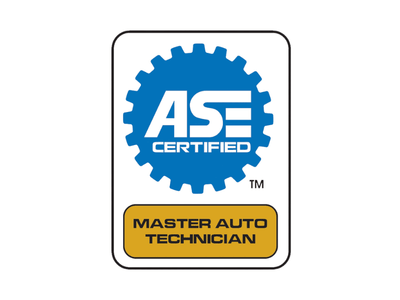 ASE certified Master Auto Technician badge with blue gear logo and gold label on white background