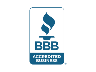 BBB Accredited Business logo with blue flame icon and text on white background
