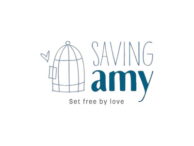 Saving Amy logo with birdcage icon, small heart, and tagline “Set free by love” on a white background