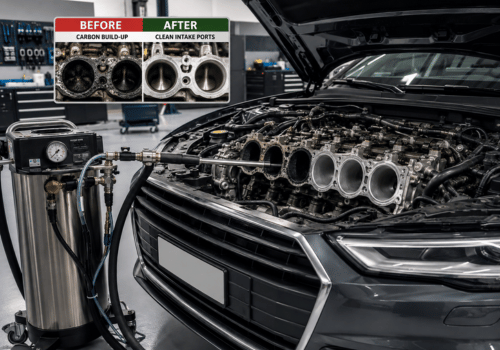 Car engine bay with performance components and a before/after comparison sign above it