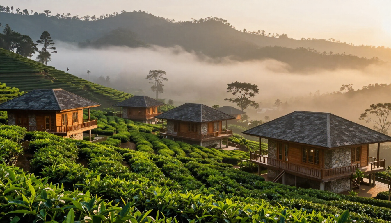 Luxury tea plantation resort in Sri Lanka at sunrise