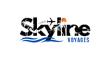 SkyVire Voyages logo with black text, orange sun, and blue waves on a white background