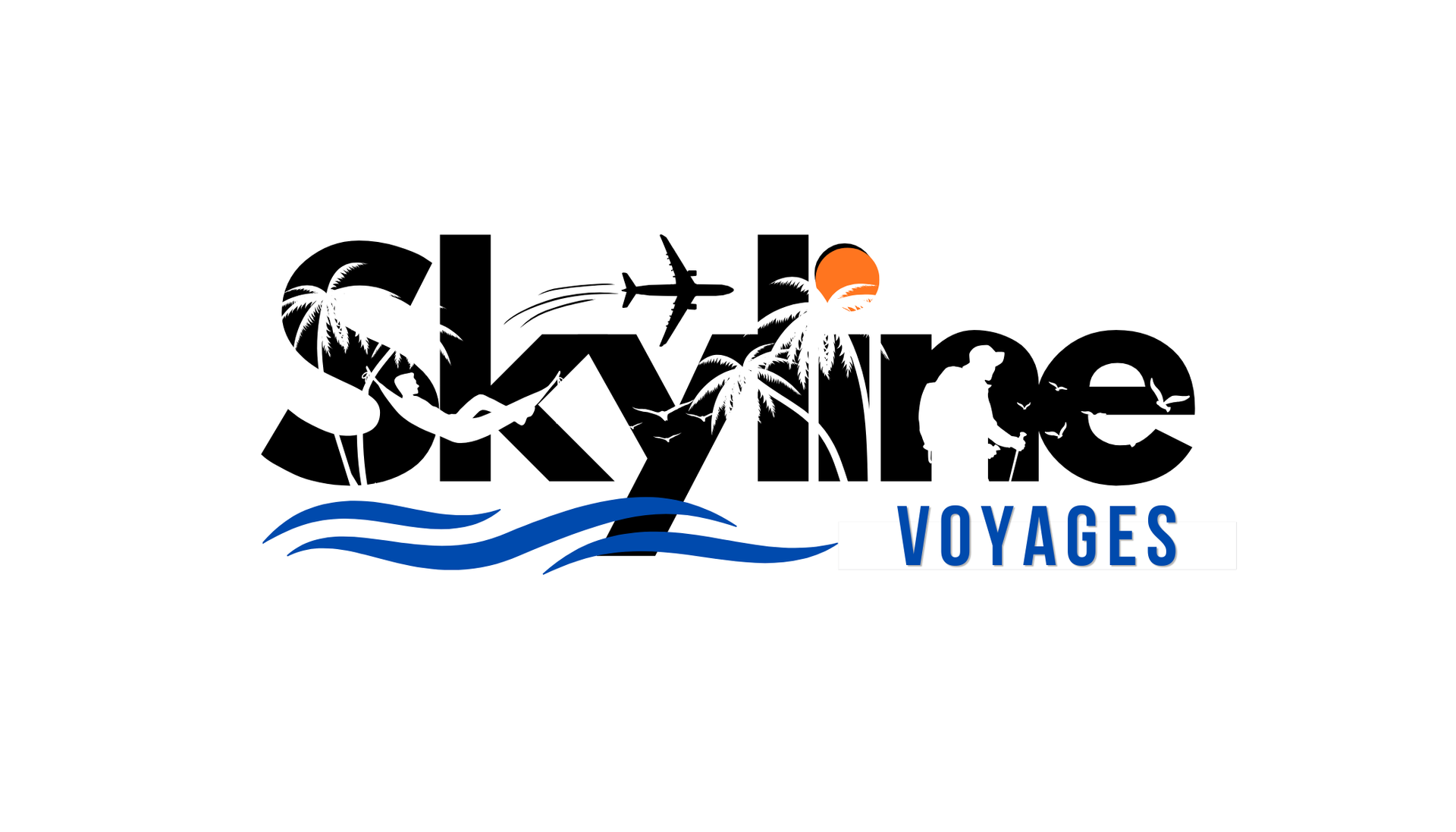 SkyVire Voyages logo with black text, orange sun, and blue waves on a white background