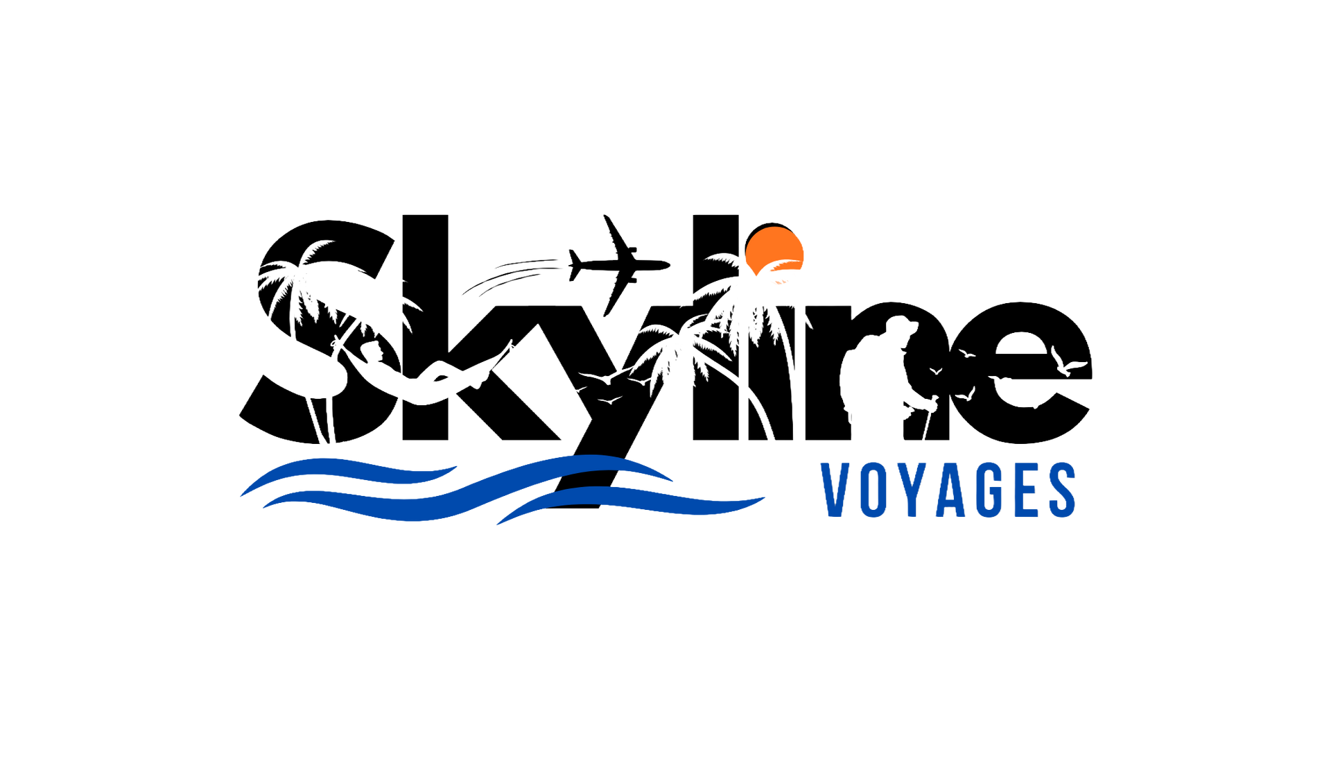 Logo for Skyline Voyages travel agency with a black and white design and teal accents.