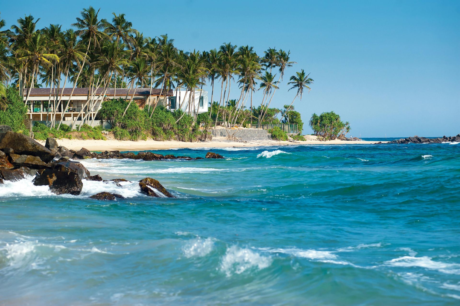 Tropical beach with palm trees, turquoise waves, rocks, and a seaside building under a clear sky