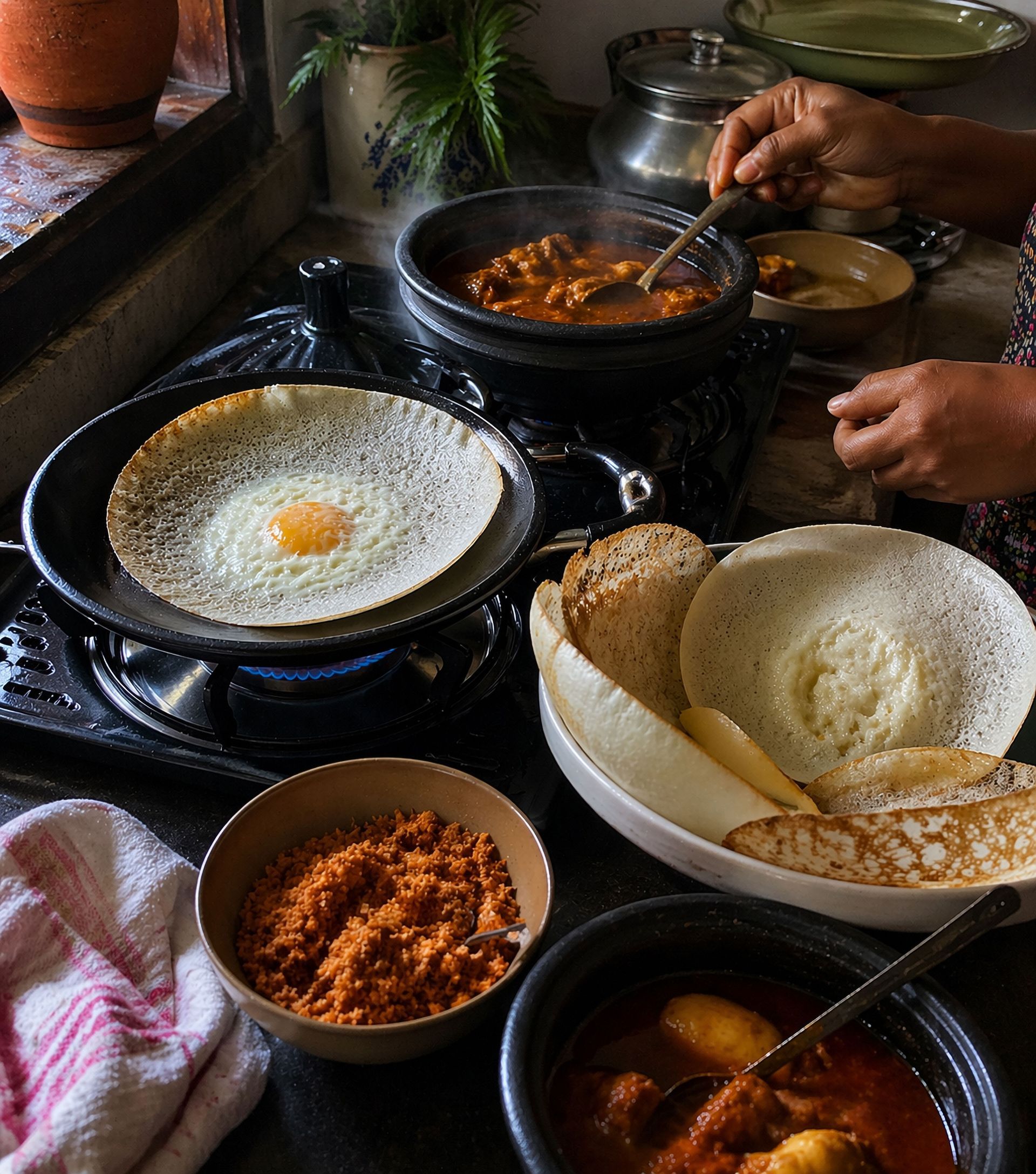 South Indian breakfast spread with dosa, idli, chutneys, and a hand stirring sambar on a stovetop