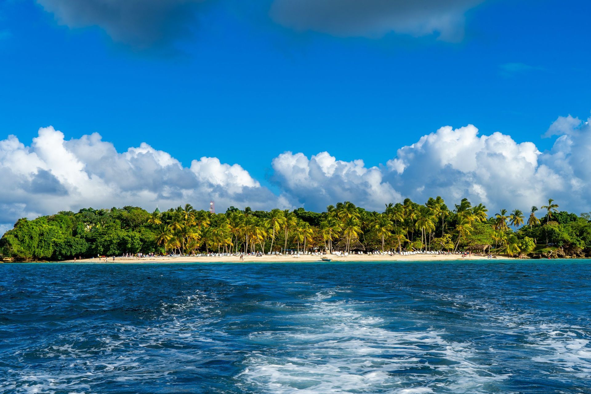 Tropical island with palm trees, blue ocean, and cloudy sky