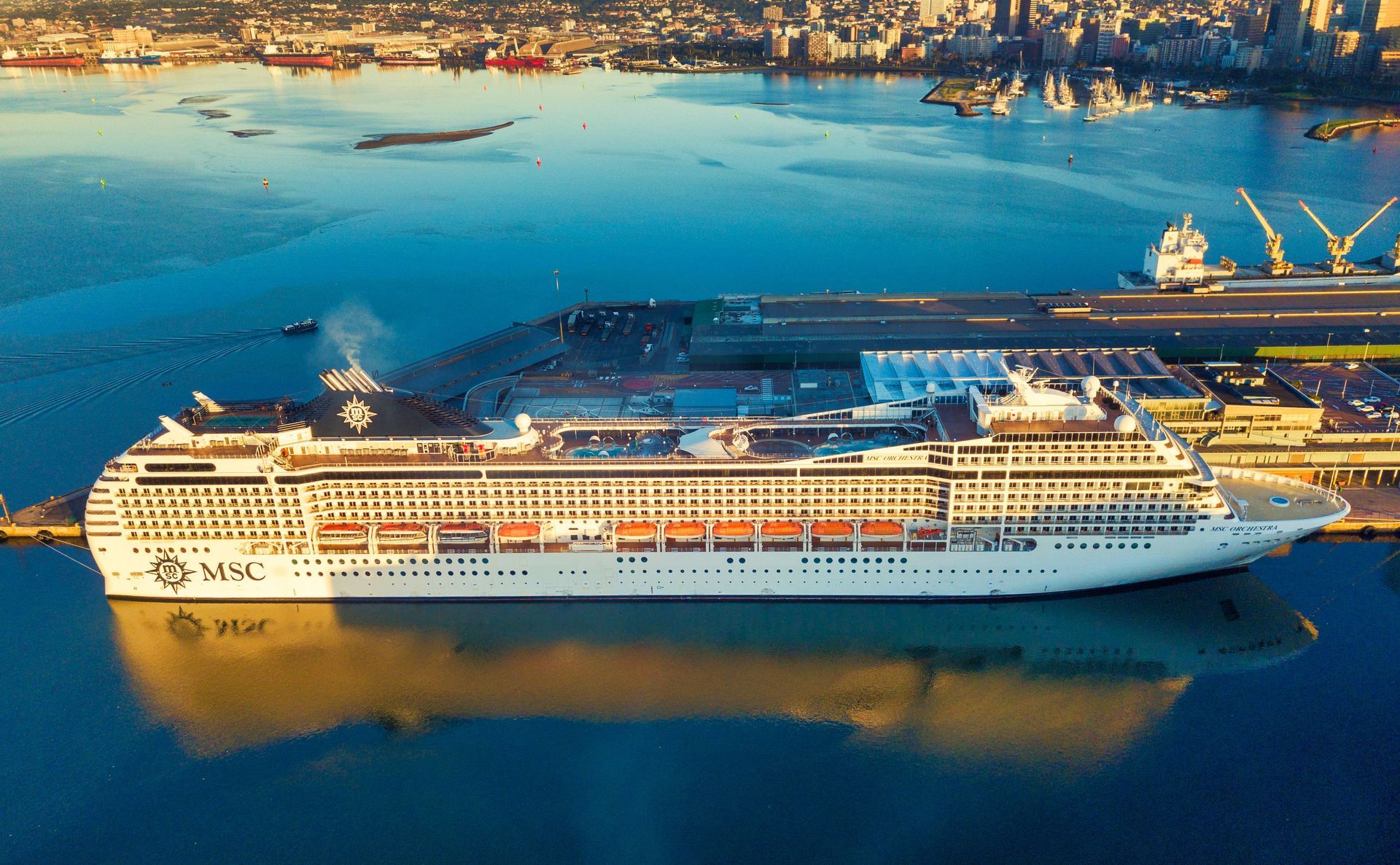 Large white cruise ship docked in a blue harbor at sunset, with city shoreline in the background