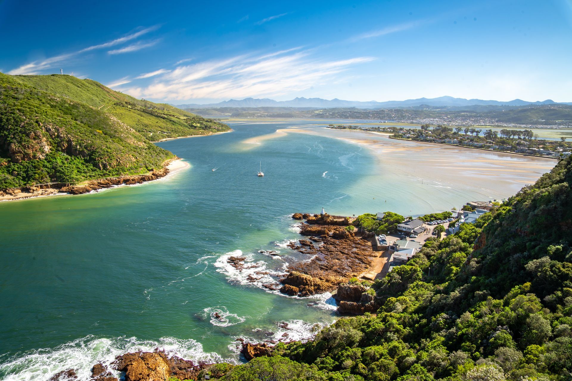 Scenic coastal view of a wide estuary meeting the ocean under a blue sky, with lush green hills on either side.