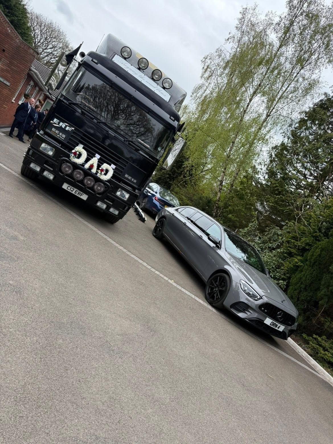 ERF EC12 Truck Hearse next to a Mercedes Hearse