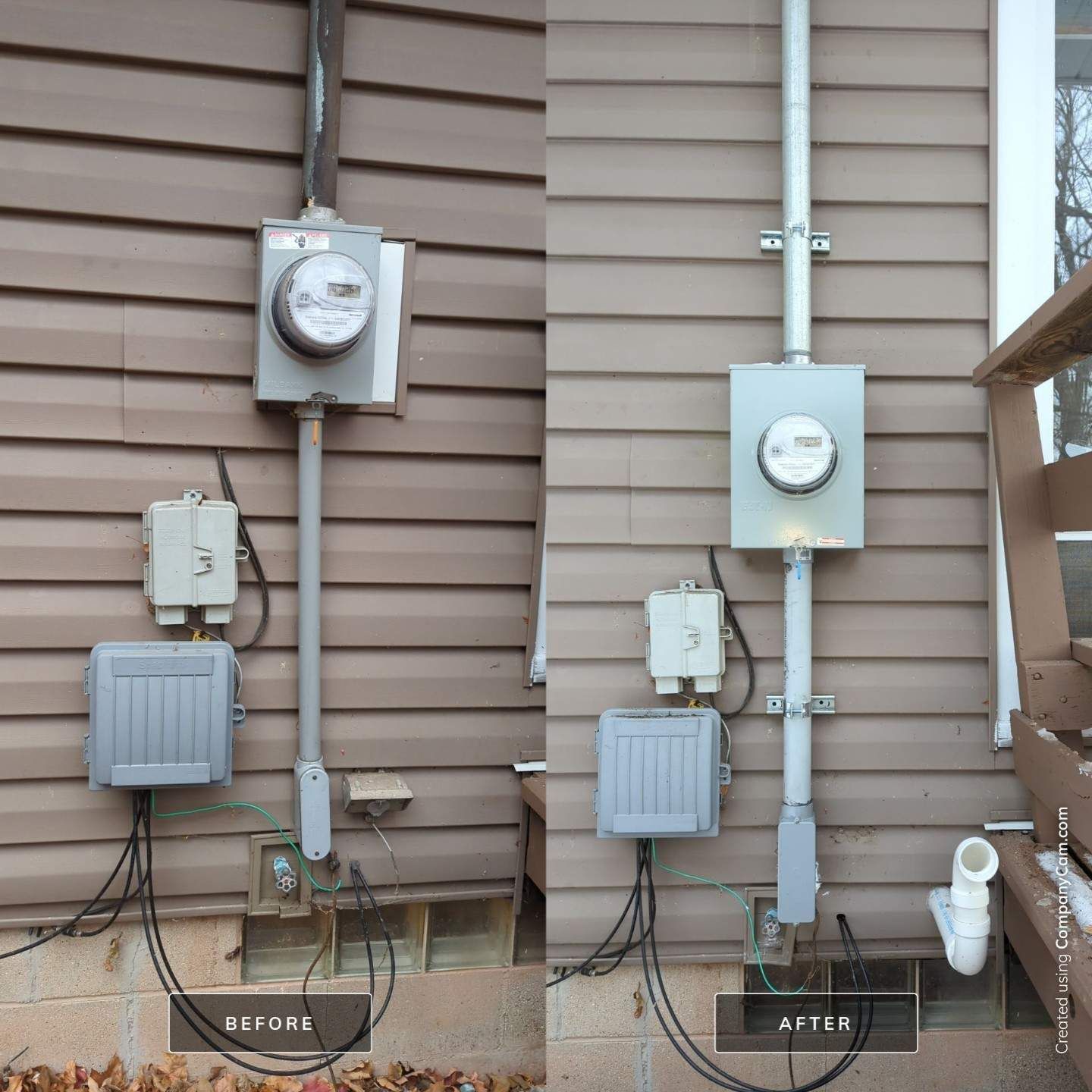 A before and after picture of an electrical box on the side of a house