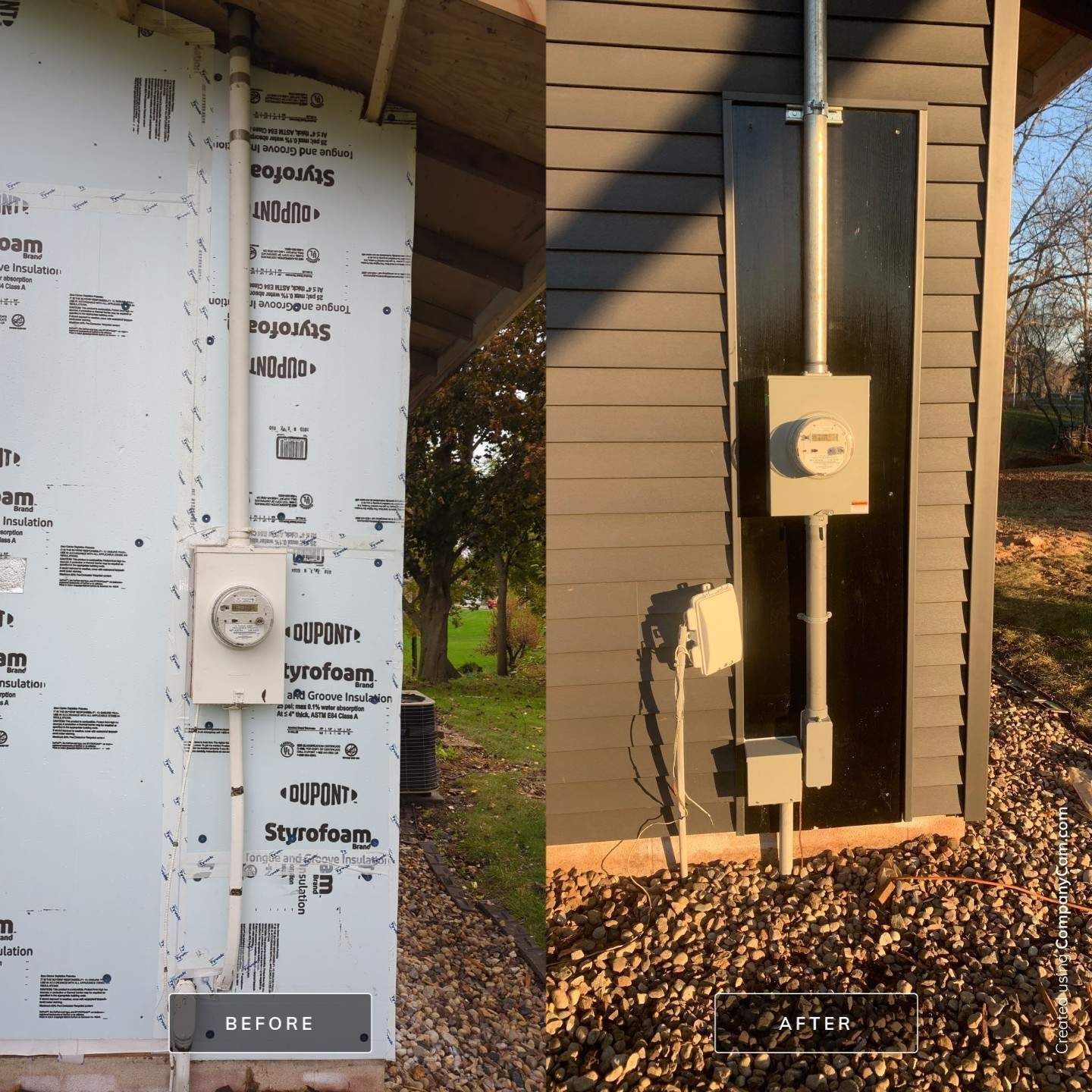 A before and after picture of an electrical box on a house