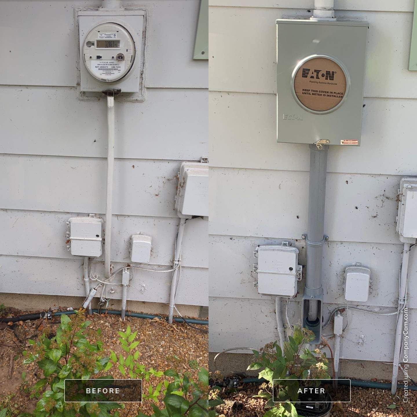 A before and after picture of an electrical box on the side of a house