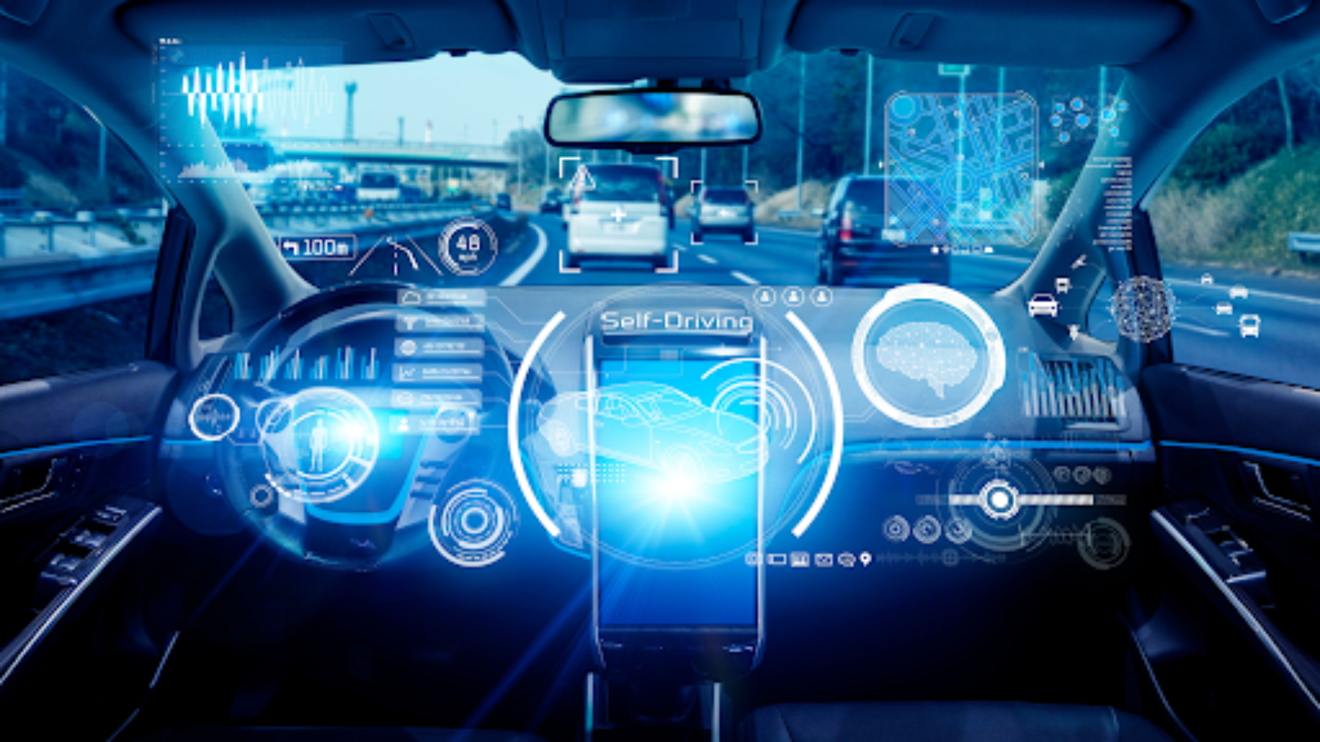 The inside of a futuristic car with a steering wheel and dashboard.