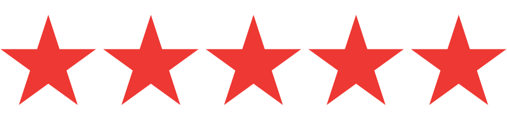 Five red stars are lined up in a row on a white background.