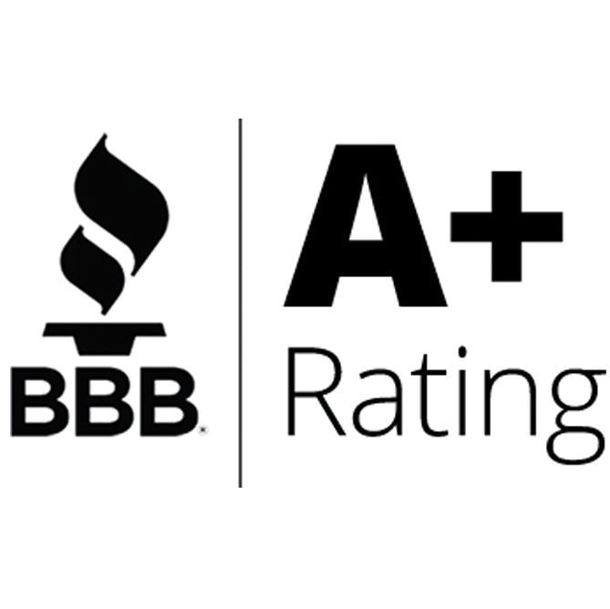 The bbb rating logo is black and white and says a + rating.
