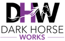 Dark Horse Works logo with black, purple, and white stylized initials and text.