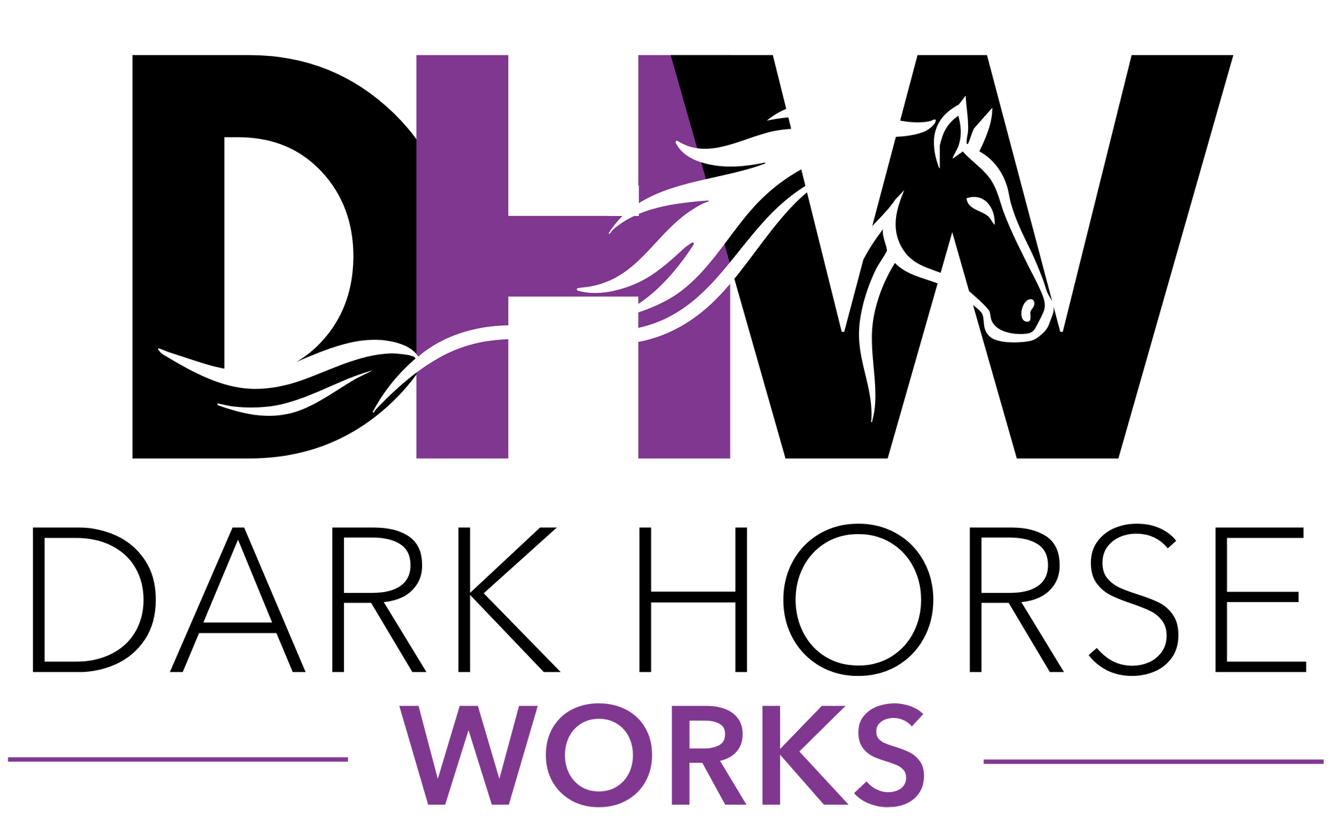 Dark Horse Works logo with black, purple, and white stylized initials and text.