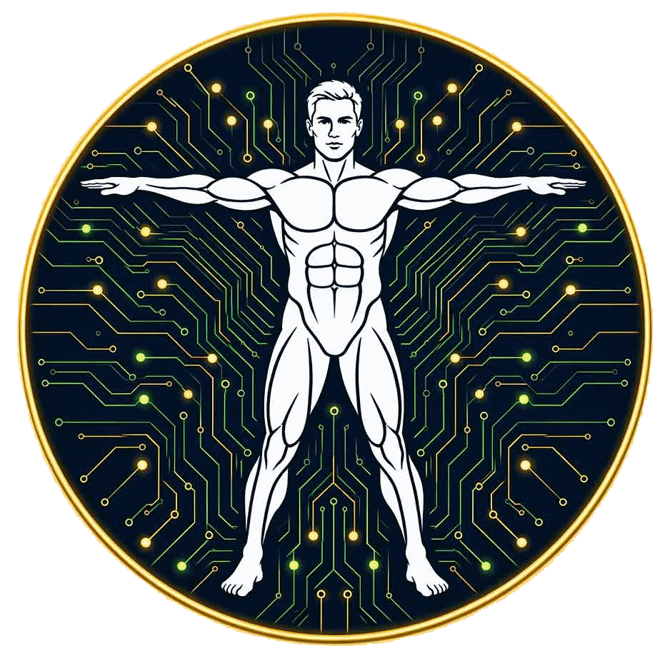 White humanoid figure in a T-pose over a gold circuit board pattern on a dark blue background