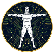 White humanoid figure in a T-pose over a gold circuit board pattern on a dark blue background