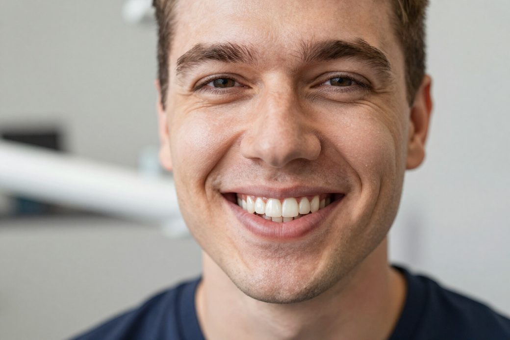 Paziente adulto sorridente con denti naturali curati in studio dentistico