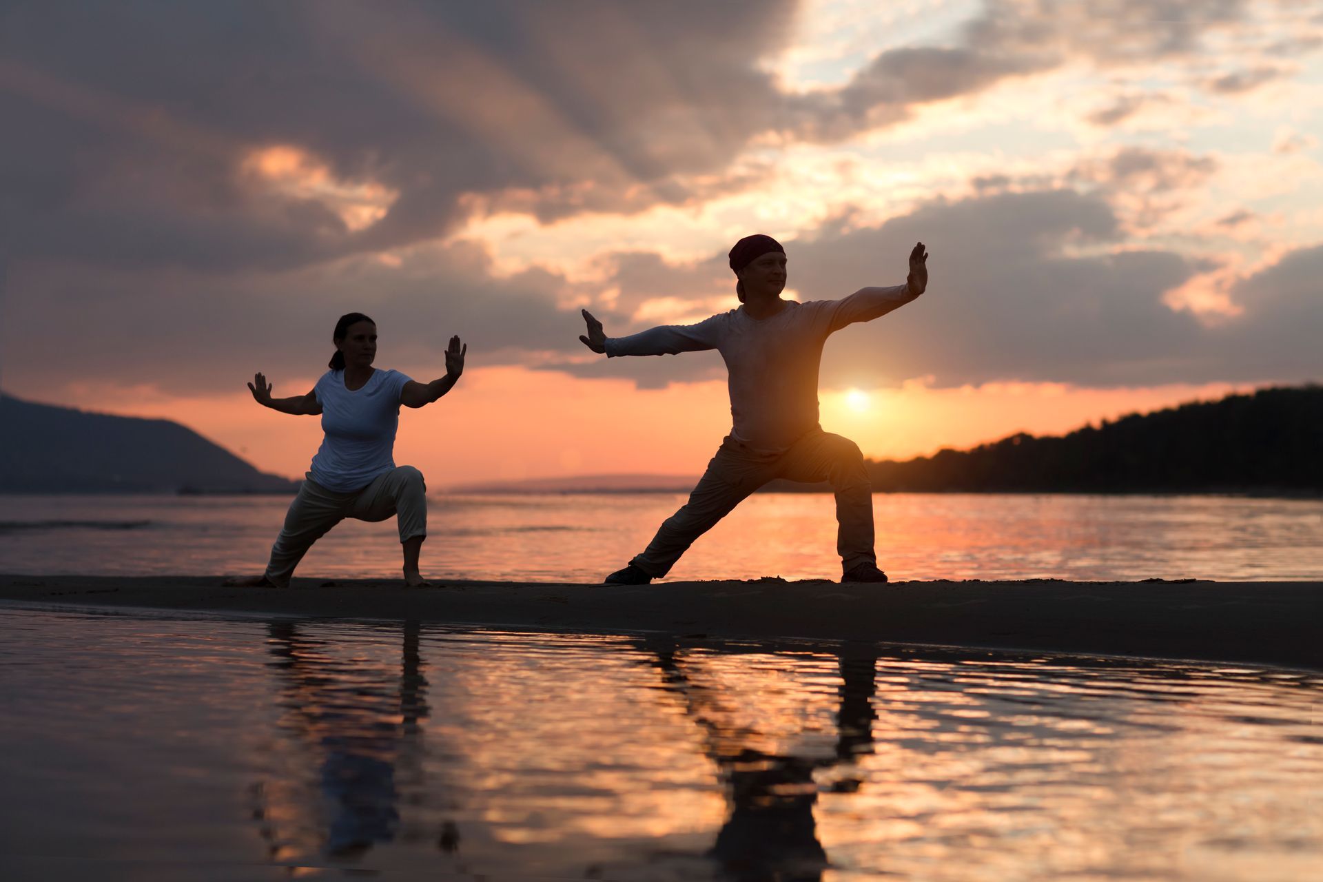 tai chi movement in a scenic location
