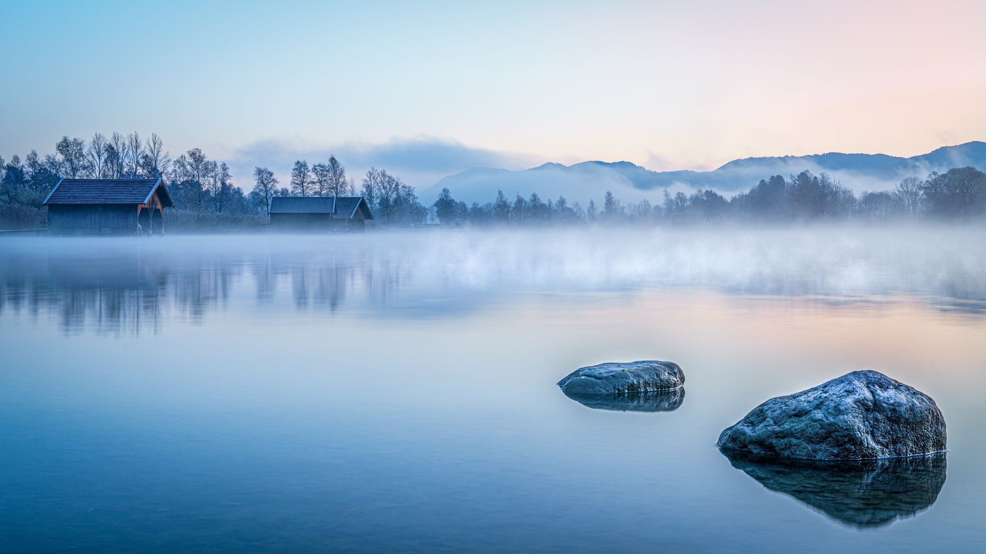 lake with fog and a clear natural