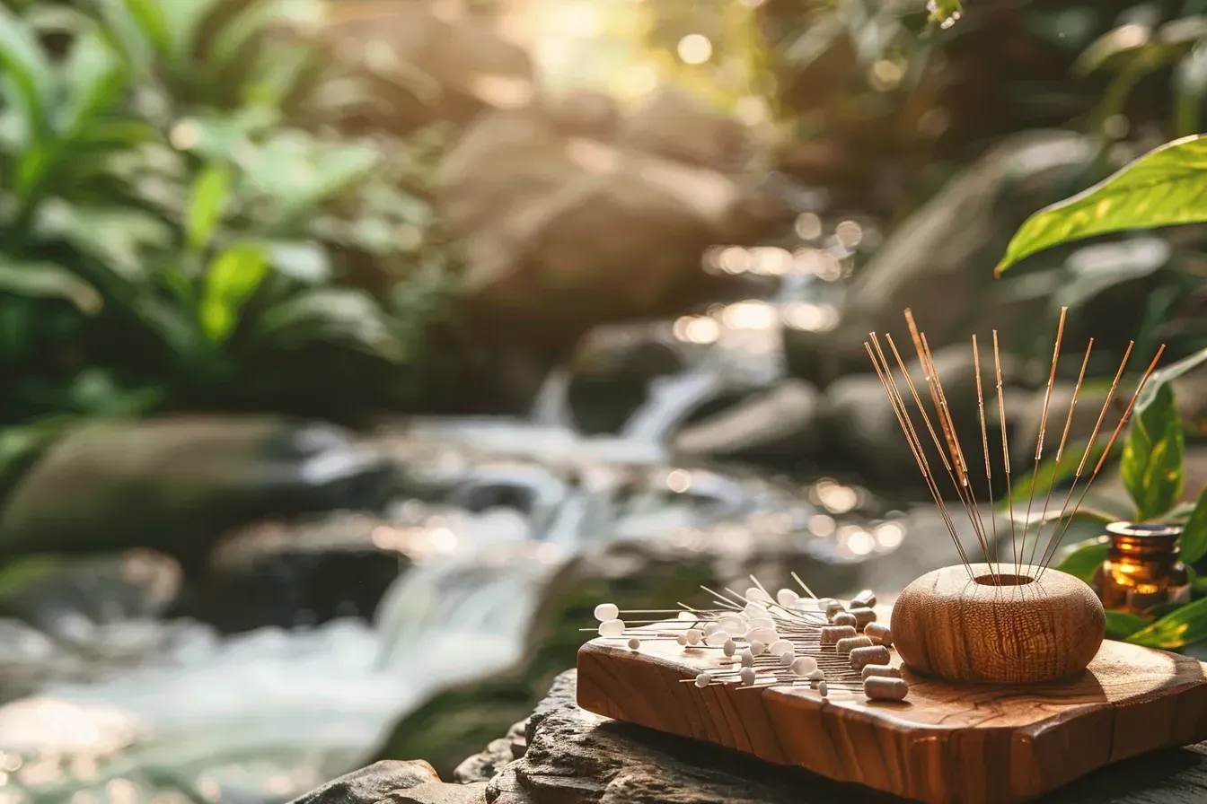 light background with a stream and nature, with insense burning in the foreground
