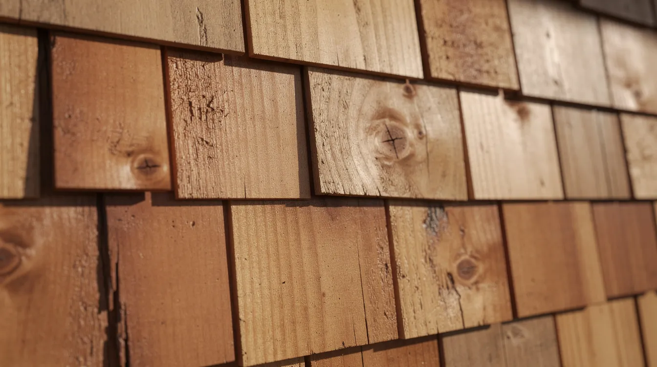 A close-up view of natural cedar shake shingles showcases the intricate grain and texture of the wood, highlighting the aesthetic appeal of cedar siding on the home's exterior. This type of real wood siding offers a unique charm, though it requires regular maintenance compared to vinyl siding options.