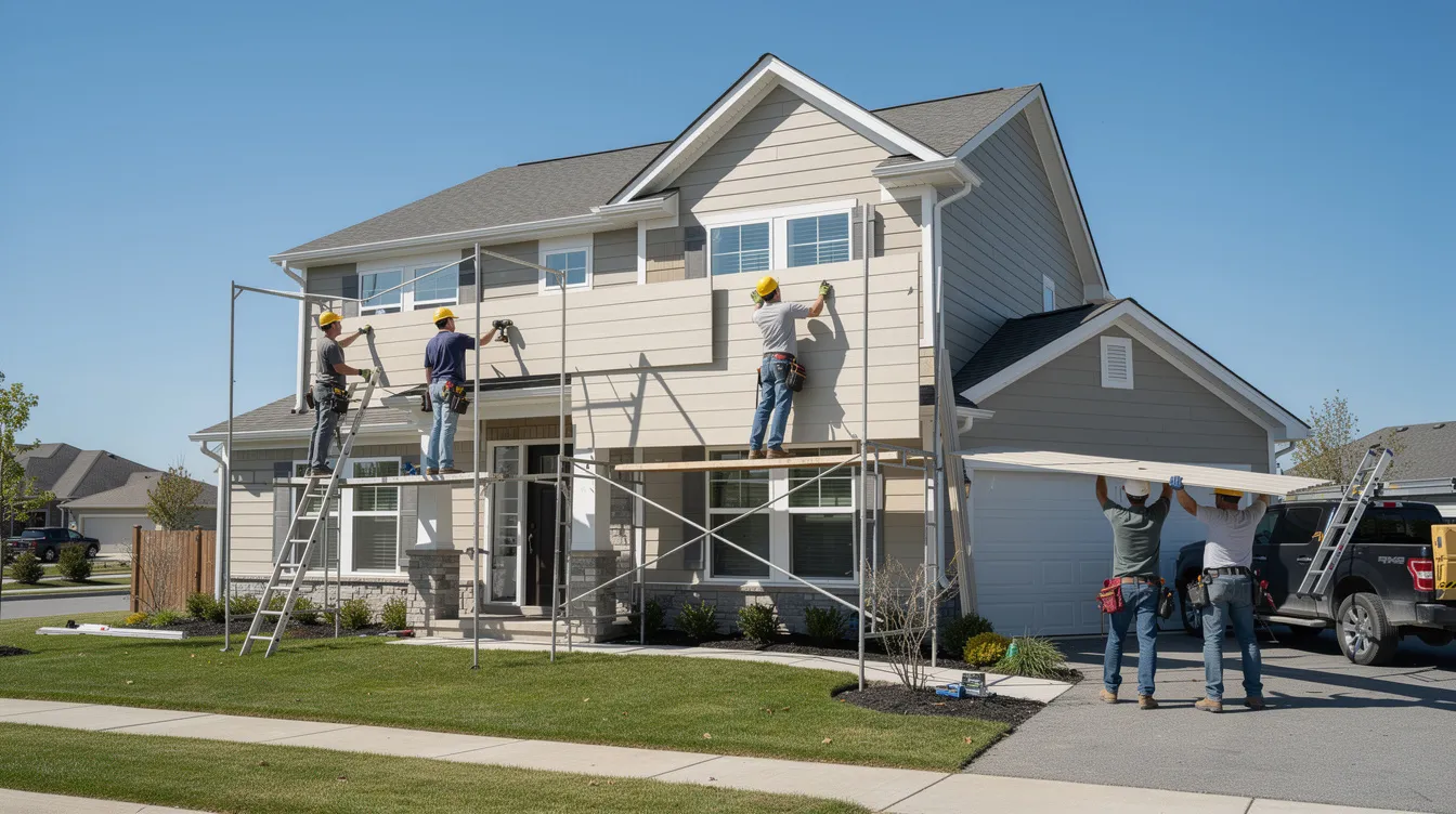 A professional contractor crew is seen installing new fiber cement siding panels on a suburban two-story house under a clear blue sky. The installation showcases the durable and low maintenance qualities of fiber cement, which enhances the home's curb appeal.