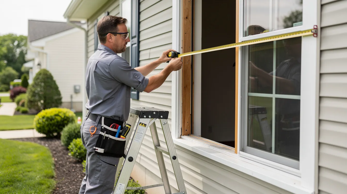A professional installer is measuring a window opening on the exterior of a New Jersey home, preparing for the installation of energy-efficient double hung windows. The scene showcases the installer focused on ensuring a precise fit for the replacement windows, which will enhance the home's ventilation and weather resistance.