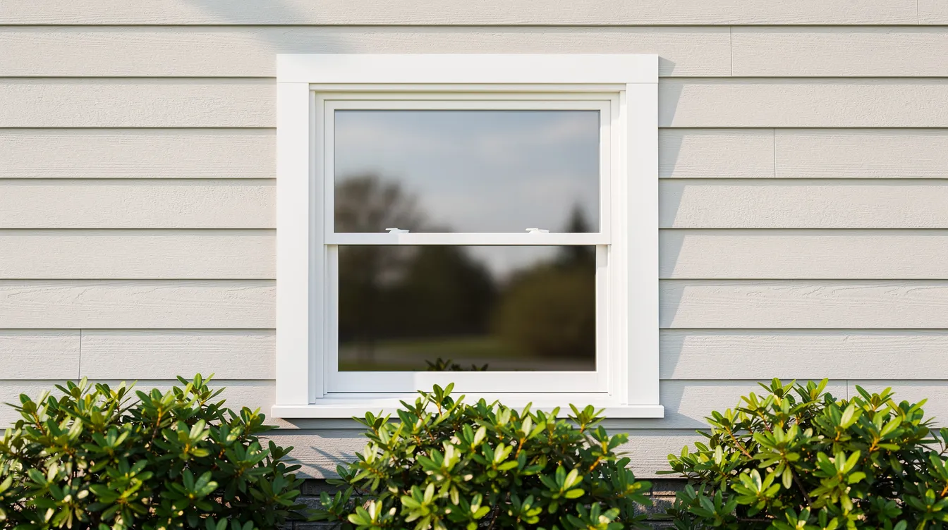 White house window with shutters above green shrubs on beige siding