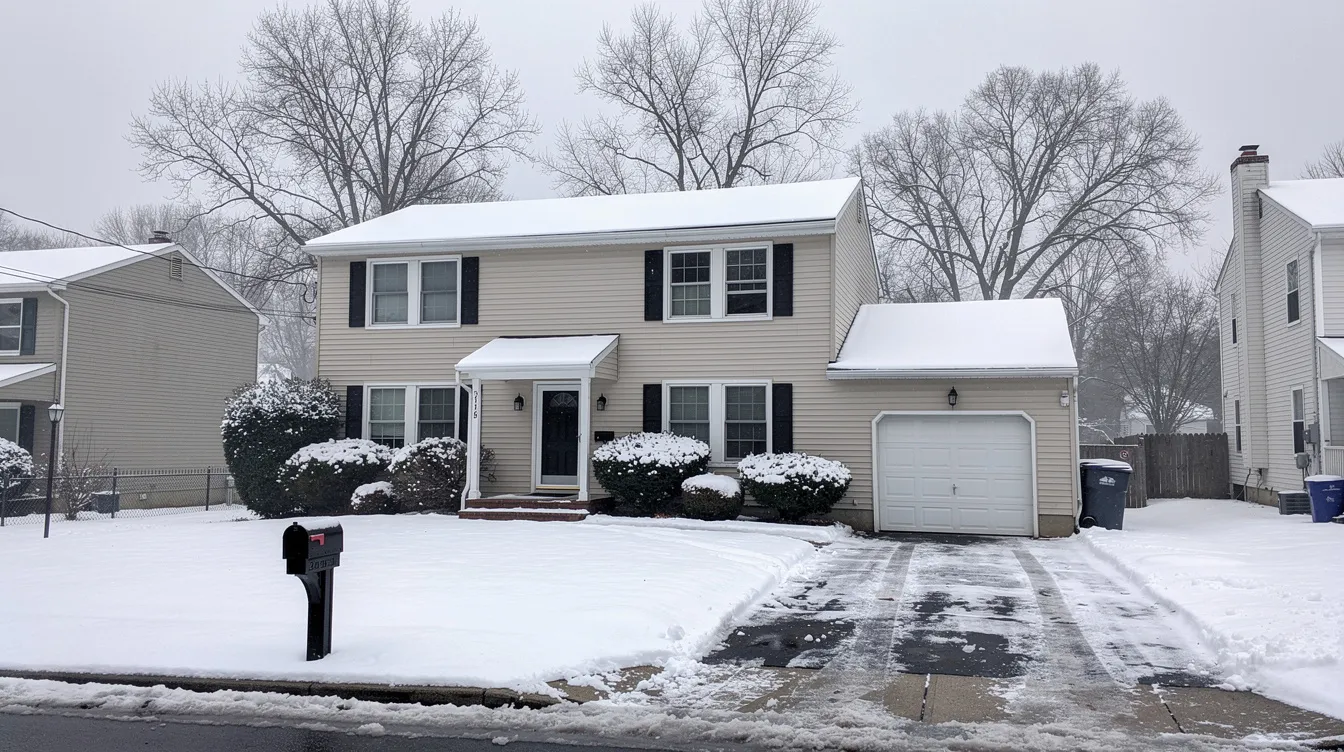 The image depicts a typical New Jersey home blanketed in winter snow, showcasing a cozy exterior with icicles hanging from the roof and smoke gently rising from the chimney. This charming scene reflects the rich history and style of Randolph Township, inviting homeowners to consider local professionals for their home improvement projects during the winter season.