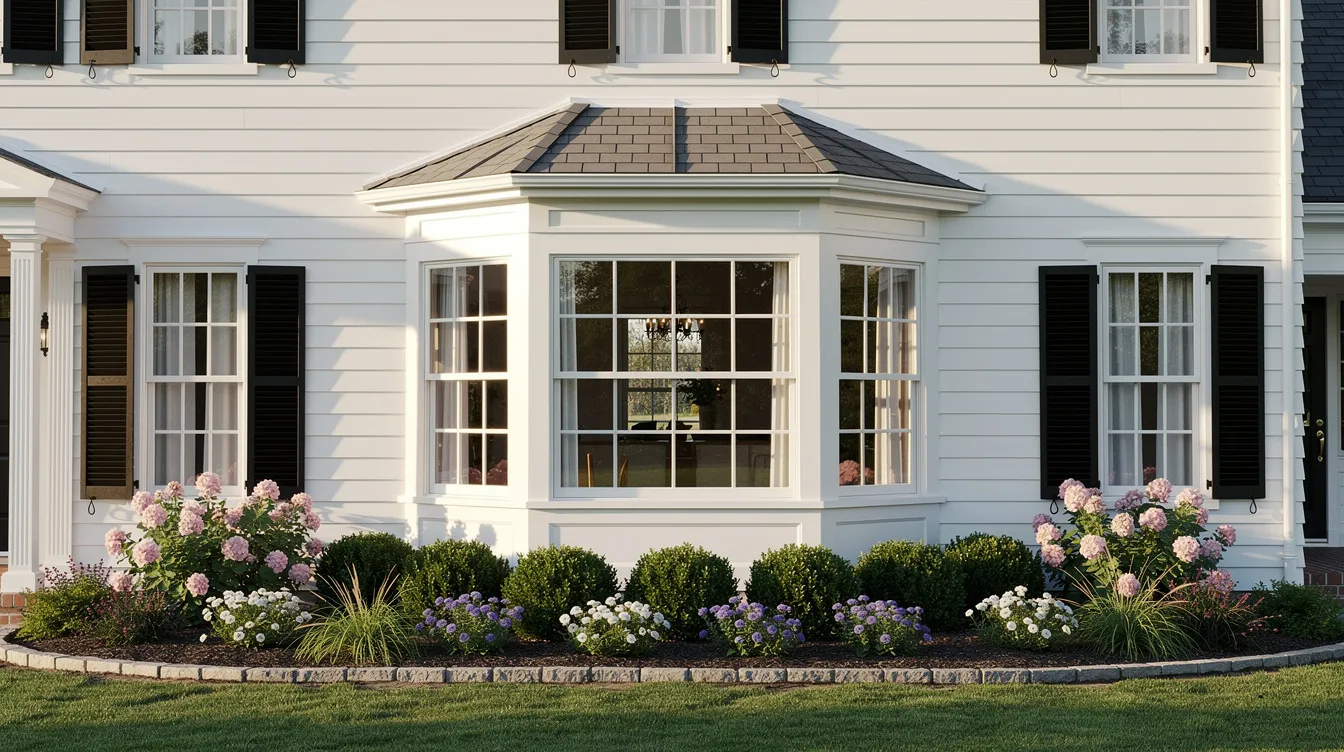 White colonial-style house facade with a bay window, black shutters, and flower beds along the front lawn