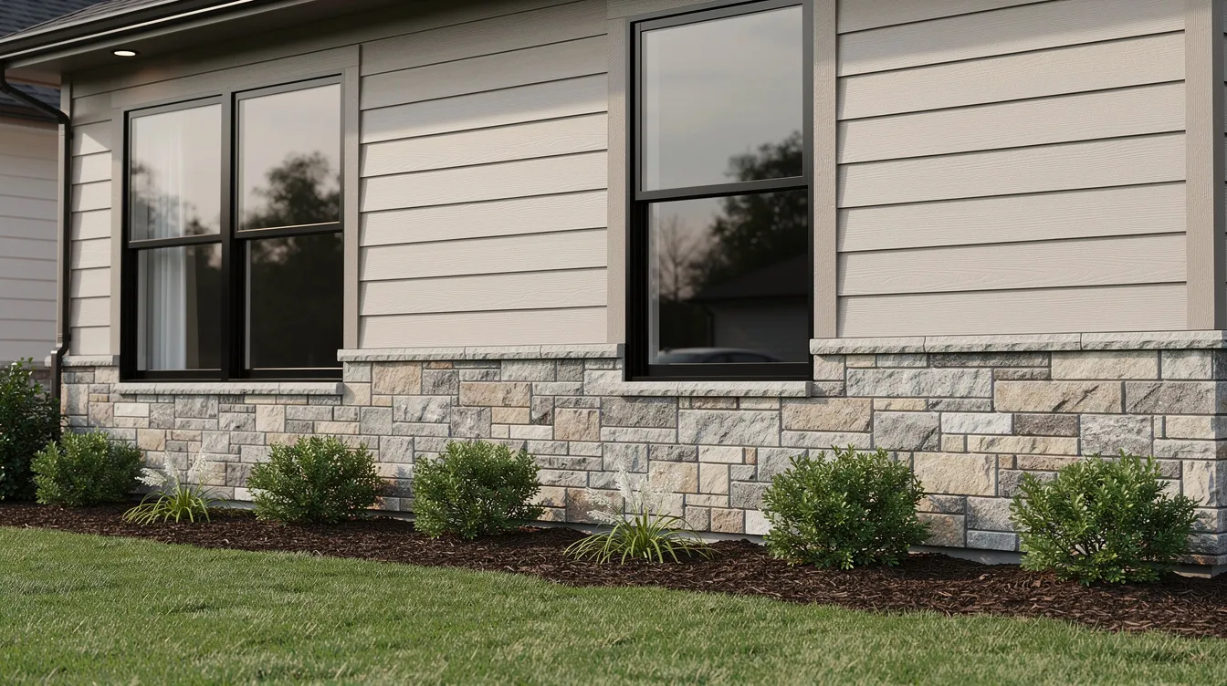 A close-up view of a suburban home's exterior showcases neutral siding colors paired with stone veneer and black window trim, complemented by clean landscaping that enhances its curb appeal. This combination of materials reflects a modern farmhouse style while offering low maintenance and lasting value for homeowners.
