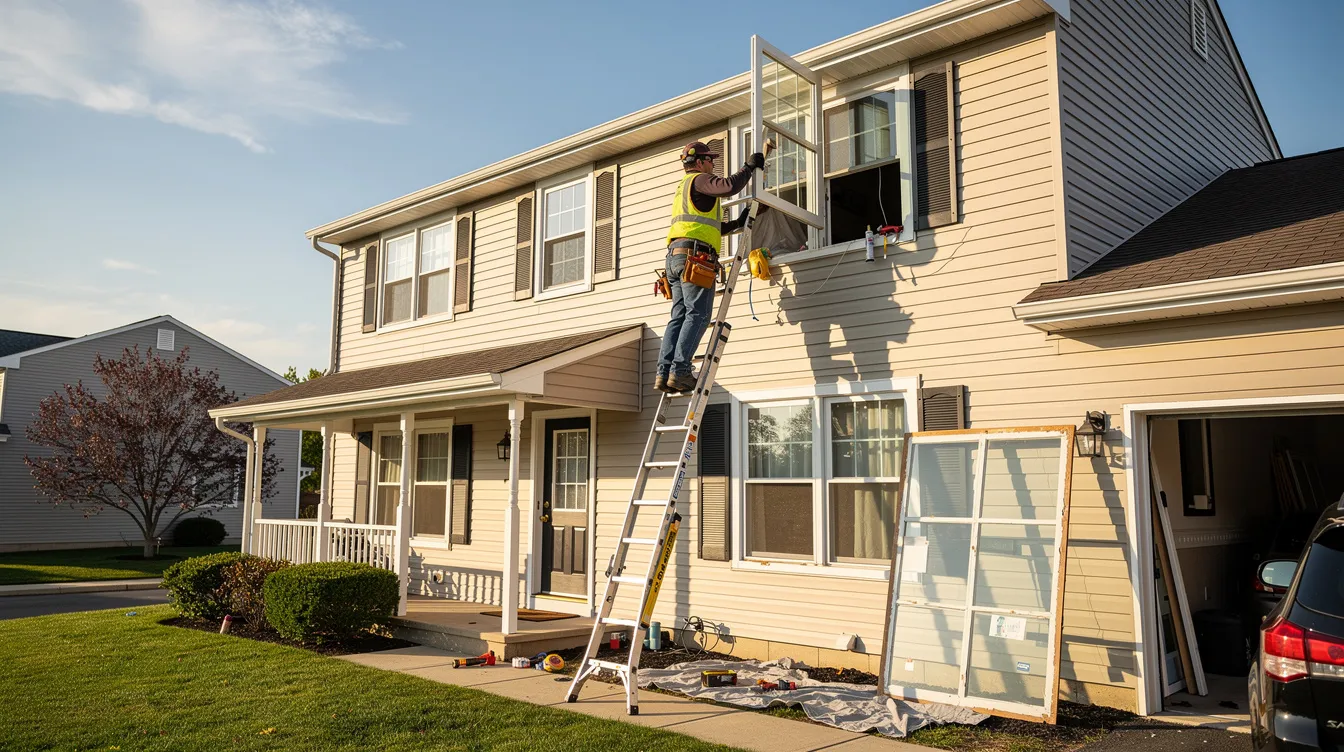 A professional installer is seen replacing a window on a typical New Jersey house, showcasing the window installation service that enhances energy efficiency and curb appeal. This image highlights the commitment to quality products and the promise of unbeatable service for homeowners looking to upgrade their homes.