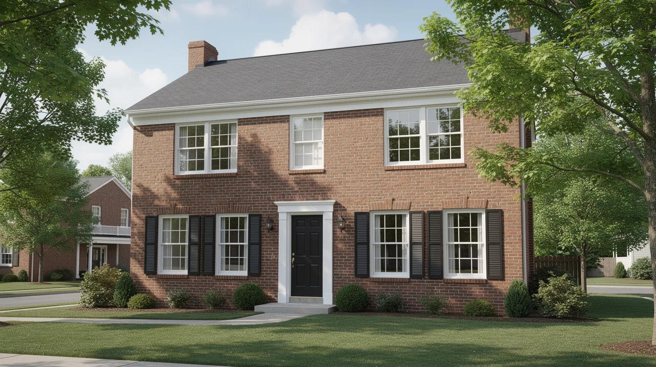 Two-story brick suburban house with white trim, black shutters, and a front lawn under leafy trees.