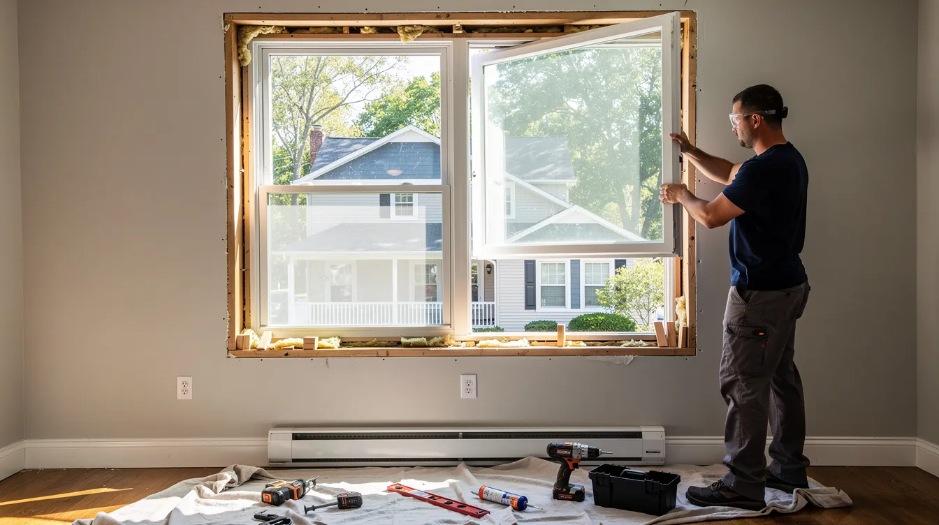 The image depicts a contractor replacing a double-pane window in a residential home located in Union County, NJ. Tools and materials are visible, emphasizing the ongoing project and the focus on improving the home's exterior with quality replacement windows.