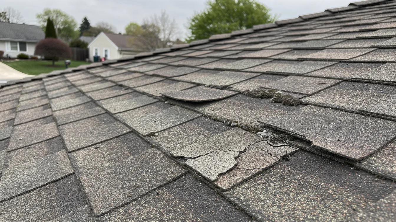 Damaged gray asphalt roof shingles with lifted and cracked sections on a house