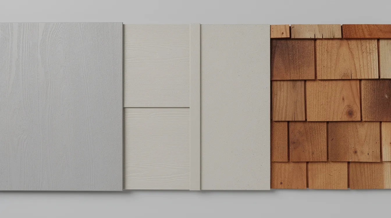 The image shows a close-up view of various siding materials, including vinyl planks, fiber cement boards, and natural wood shingles, arranged side by side, highlighting the different textures and finishes available for siding replacement projects. This collection illustrates popular siding options that homeowners can choose from to enhance their home's curb appeal and energy efficiency.