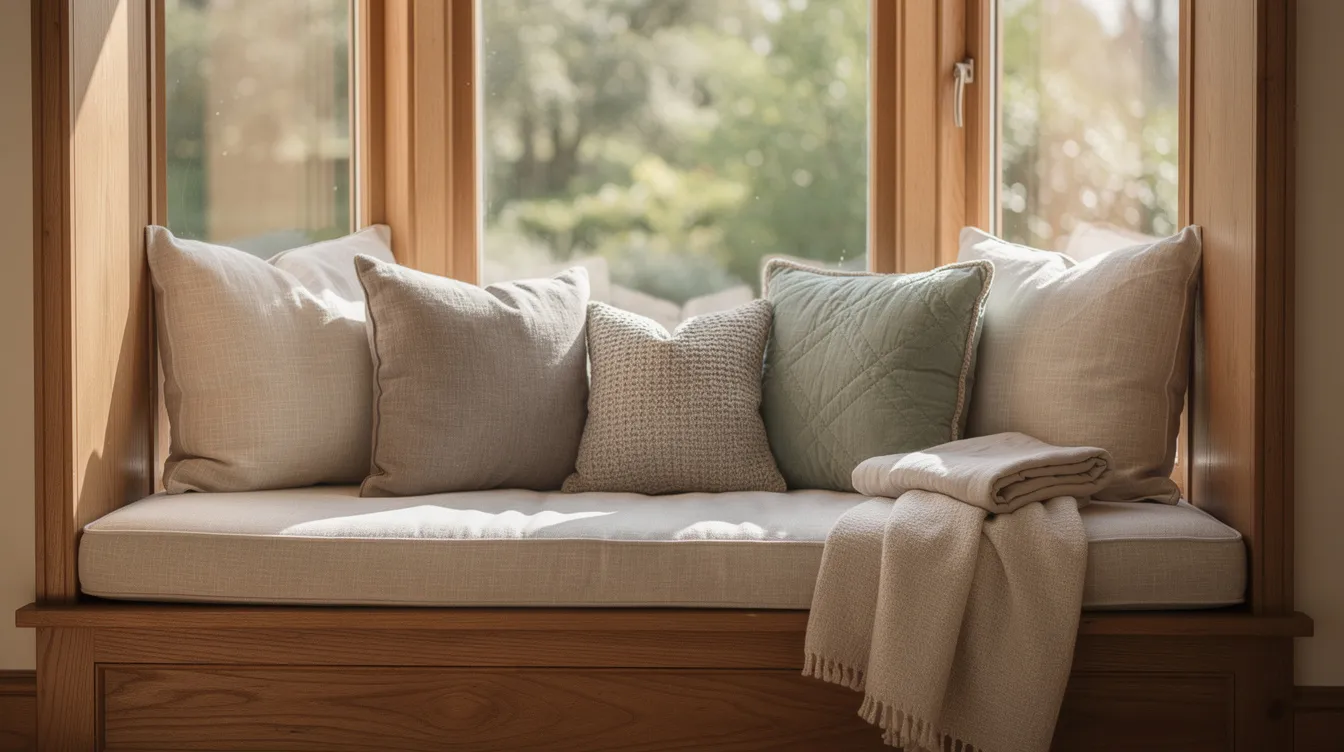 The image features a close-up view of a cozy bay window seat adorned with soft cushions and throw pillows, creating an inviting space that adds architectural depth to the interior. This charming window world bay window offers an extraordinary focal point, perfect for relaxing and enjoying the view.